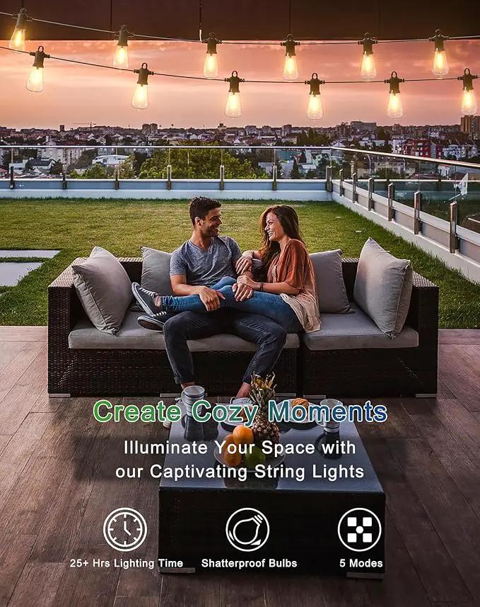 Solar String Lights Outdoor Waterproof 50FT with USB Port and 27 Shatterproof ST38 Bulbs(2 Spare), LED Solar Powered Patio Lights for Outside, Porch, Backyard, Bistro, Garden, Market - 2200K by GreenHaven Gardens