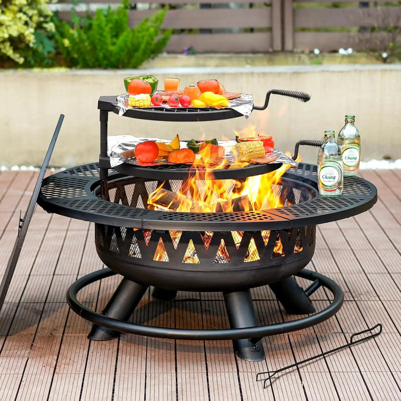 36 Inch Fire Pit with 2 Grills, Large Outdoor Firepits for Outside, Wood Burning Fireplace for Camping,Picnic,Bonfire, 3-in-1 Round Metal Table with Lid for Backyard,Patio,Party by GreenHaven Gardens