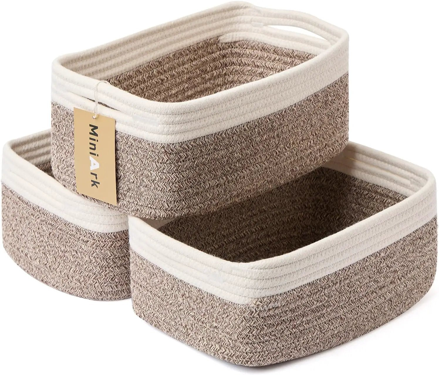 Small Storage Baskets for Organizing | Closet Organizer Bins | Shelf Toy Basket | Woven Rope Baskets | Cube Decorative Box | Shallow Basket | 13x8.5x5.1” | 3 Packs White Brown by GreenHaven Gardens