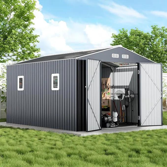12x10 FT Metal Sheds & Outdoor Storage: Heavy Duty Garden Sheds with Dual Transparent Panels, DIY-installable Windows & Lockable Doors, Weatherproof Tool Shed for Backyard, Garden, Patio, Grey by GreenHaven Gardens