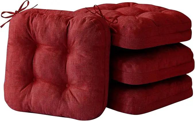 Chair Cushions for Dining Chairs, Dining Chair Cushions, Tufted Indoor Chair Pads with Ties & Non Slip Backing, Seat Cushions for Kitchen Chairs 16.5” x 16.5” x 3.5”, Set of 4, Red by GreenHaven Gardens