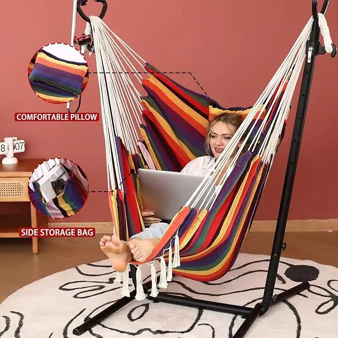 ZEYU Hammock Chair with Stand Double Hammock Chair Bohemian Style with Tassel Mobile Phone Support Manual Adjustable Swing Indoor and Outdoor Garden Porch with Floor mat Reclining Capacity 400 pounds by GreenHaven Gardens