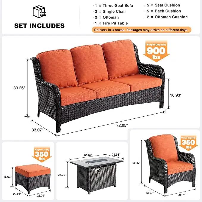 ovios 6 Pieces Patio Furniture Set with 42" Fire Pit Table, Outdoor Wicker Sofa with Ottomans, Comfy Cushions, High Back Couch Conversation Set, Brown Rattan, Orange Red by GreenHaven Gardens