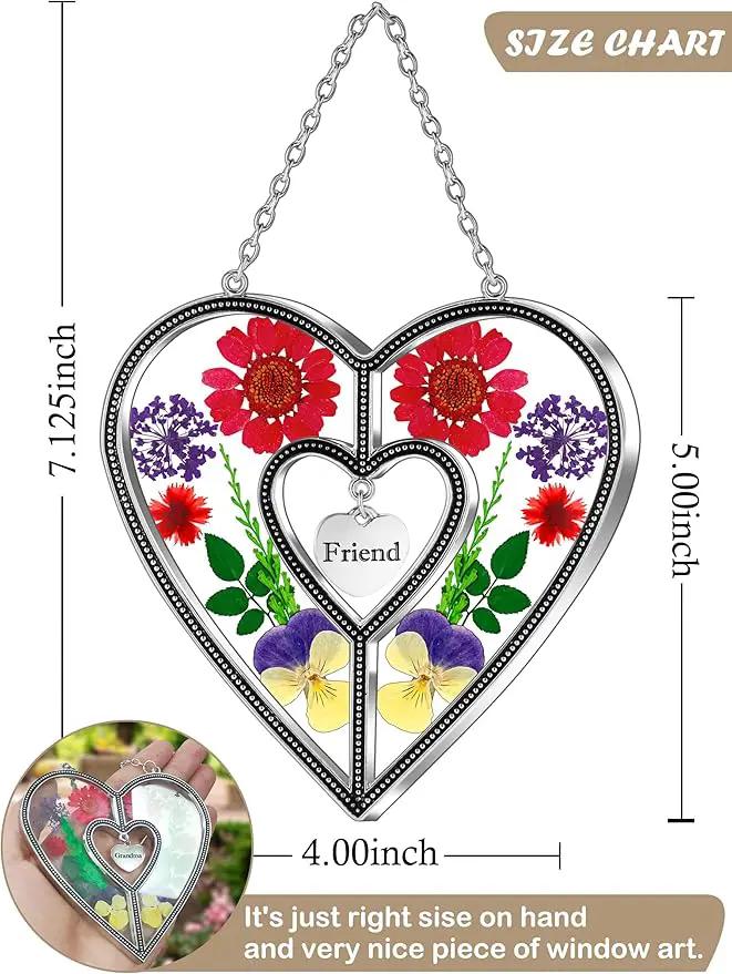 KY&BOSAM Heart Suncatcher Friend Stained Glass Hangings for Windows Real Flower Glass & Metal Maker Sun Catchers Birthday Gifts for Frined Home Party Backyard Indoor Outdoor Decor Christmas Ornament by GreenHaven Gardens