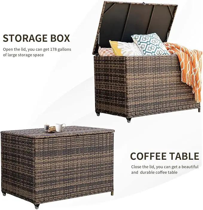 178 Gallon Outdoor Storage Box, Handle Large Portable Wicker Rattan Deck Box for Patio Furniture Cushions, Patio Deck Box with 2 WheelsThrow Pillows, Garden Tools and Pool Floats (Brown) by GreenHaven Gardens