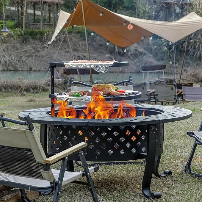 42 Inch Fire Pit with 2 BBQ Grills, Wood Burning Fire Pits for Outside with Lid & Fire Poker, BBQ& Outdoor Firepit & Round Metal Table 3 in 1 for Patio, Picnic, Party by GreenHaven Gardens