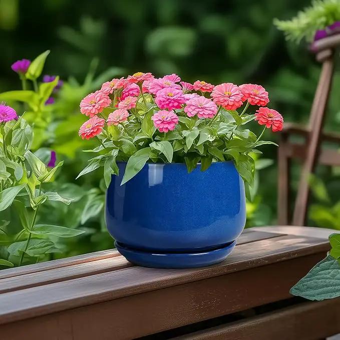 G EPGardening 6 Inch Plant Pot - Round Ceramic Planter Indoor with Drainage and Ceramic Saucer for Flower, Modern Desk Decor, Modern Garden Gift, Blue by GreenHaven Gardens