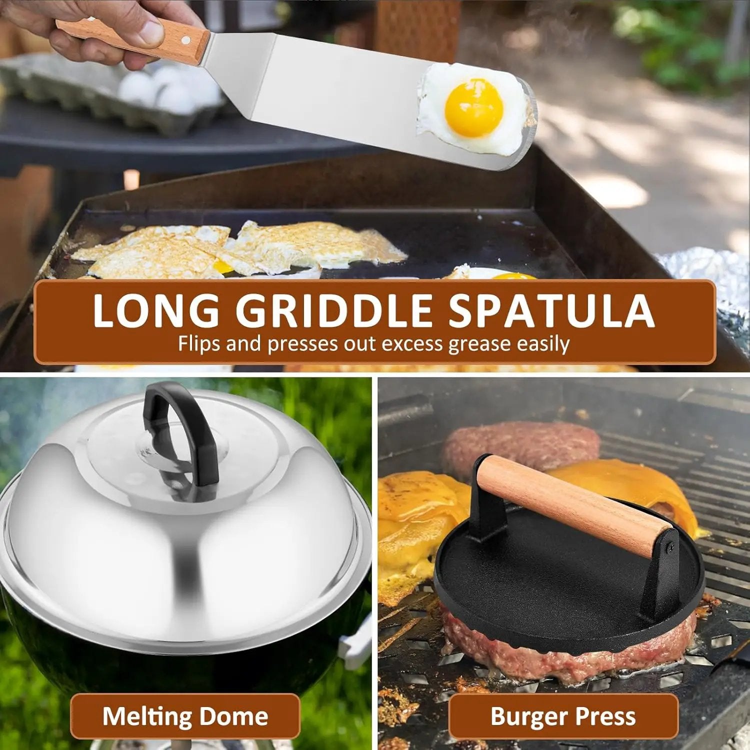 Griddle Accessories Set of 25, Leonyo Flat Top Grill Accessories, Professional BBQ Tool with Enlarged Spatulas Scraper, Basting Cover, Smash Burger Press, Carry Bag for Outdoor Barbecue, Wood Handle by GreenHaven Gardens