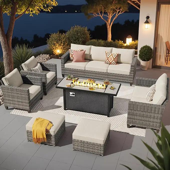 ovios 7 Pieces Patio Furniture Set with 54" Fire Pit Table, Outdoor Wicker Sofa with Comfy Cushions, All Weather High Back Rattan Couch Conversation Set, Beige by GreenHaven Gardens