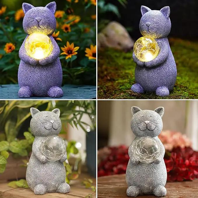 Solar Cat Statue - Garden Decor with LED Lights, Perfect for Mom or Grandma (Gray Cat) by GreenHaven Gardens
