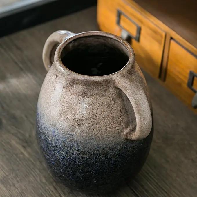 Brown Gradient Ceramic Vase with 2 Handles, Modern Farmhouse Decor, Rustic Terracotta Pottery, Decorative Flower Vases, Clay Small Vase, Centerpiece for Dining Table - 7 Inch Tall by GreenHaven Gardens