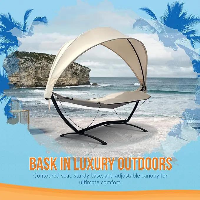 Island Retreat Sea Breeze Steel Frame Hammock Lounge Chair with Canopy - Luxury Shaded Hammock with Stand for Outside - Boho Style Beach Chair with Adjustable & Removeable Canopy - Black & Champagne by GreenHaven Gardens