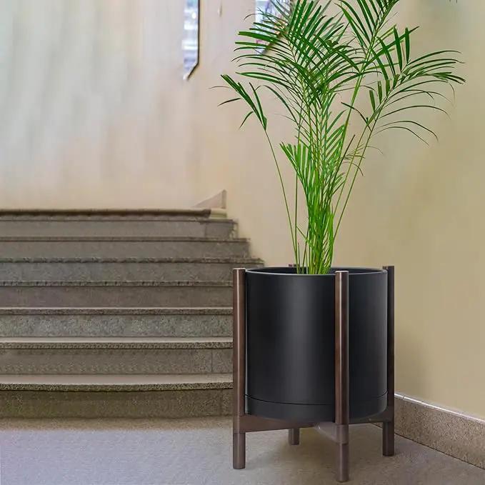 D'vine Dev Planter Pot with Stand - 16 Inch Plastic Cylinder Flower Pot with Wood Planter Holder for Indoor, Matte Black Pot + Walnut Color Stand, 55-C-X-2 by GreenHaven Gardens