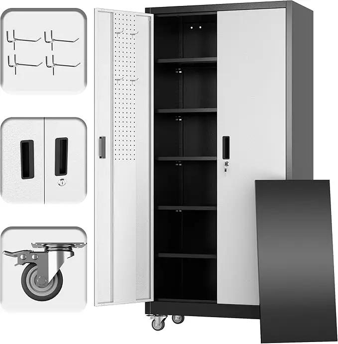 Metal Garage Storage Cabinet with Wheels & Pegboard, Lockable Metal Storage Cabinets with 2 Doors&5 Adjustable Shelves for Garage&Home,Assembly Required,Black Gray 71''H x32''W x16''D by GreenHaven Gardens