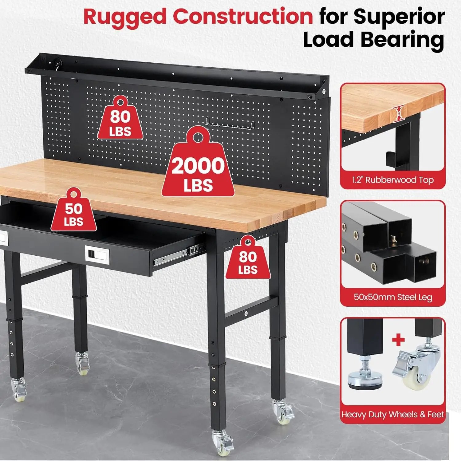 Work Bench with Wheels 60 x 22 Inch Heavy Duty Rubberwood Tabletop Work Table Adjustable Height Garage Workbench with LED, Drawers, Pegboard, Power Outlets for Woodworking Shop, Home, Office by GreenHaven Gardens