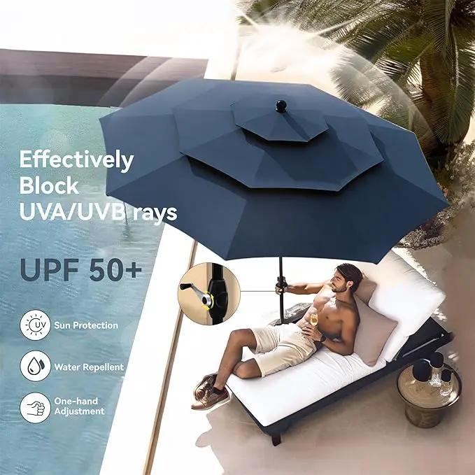 PHI VILLA 10ft Outdoor Patio Umbrellas for Outside, 3 Tier Vented Market Table Umbrella Windproof for Backyard, Deck, Garden, 1.5" Pole, Dark Blue（No Base） by GreenHaven Gardens