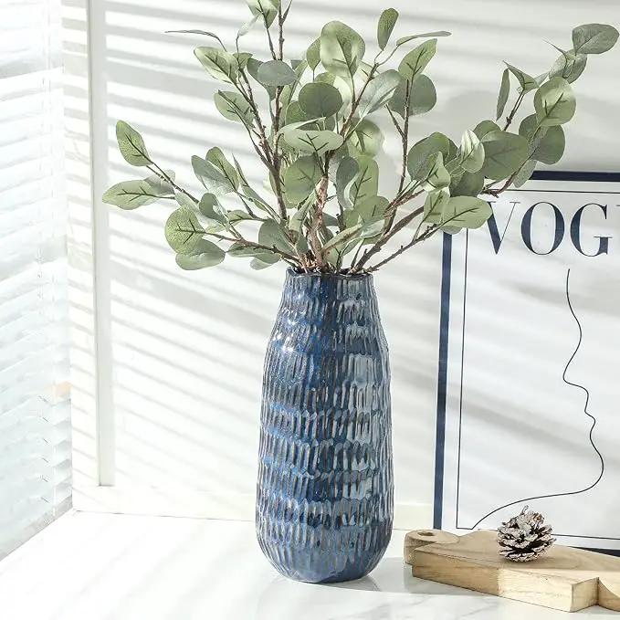Blue Ceramic Vase for Home Decor, 12.6 Inch Tall Flower Vase with Modern Textured Finish,Decorative Floor Vase for Pampas Grass, Entryway, Living Room, Dining Table, Farmhouse or Office by GreenHaven Gardens