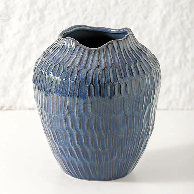Blue Ceramic Vase for Home Decor,7.8 Inch Flower Vases，Decorative Vase for Pampas Grass，Modern Art Texture Vases for Home Entryway Living Room Dining Table Farmhouse Office Decor- Blue by GreenHaven Gardens
