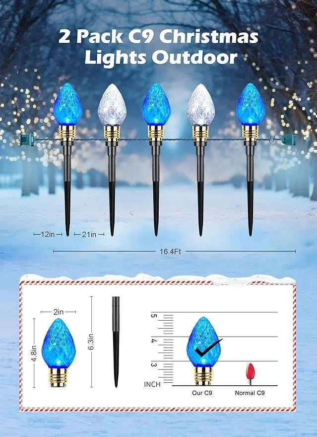 Brightown 2 Pack Strawberry C9 Pathway Lights Outdoor - Total 34.8 Feet 20 LED C9 Walkway Lights, Christmas Outside Decorations for Lawn Holiday, Blue & Pure White by GreenHaven Gardens