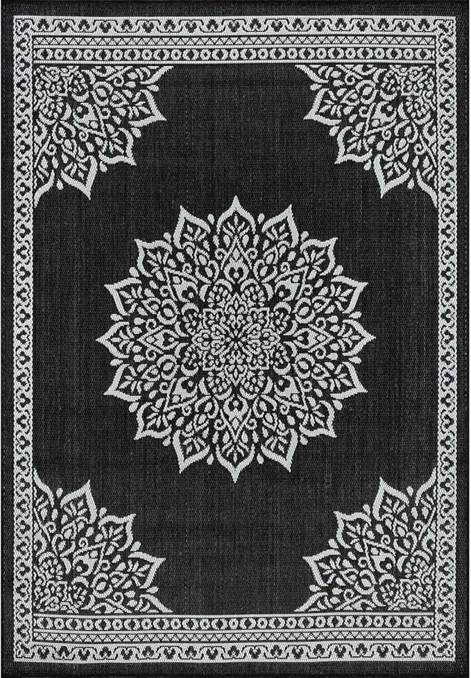CAMILSON Outdoor Rug, 5x7 Medallion Black White Modern Area Rugs for Indoor and Outdoor Patios, Kitchen and Hallway Mats, Washable Porch Deck Outside Carpet (Medallion Black, 5 x 7) by GreenHaven Gardens
