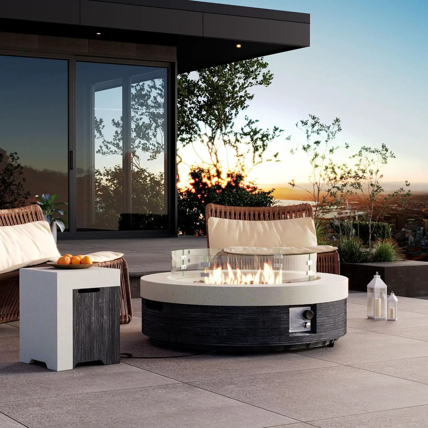 COSIEST 42" Outdoor Propane Fire Pit Table w Tank Cover & Wind Guard, Round Gas Fire Pit Table with Concrete & Wood Grain Design, 50000BTU CSA Certified Fire Tables for Patio, Backyard, Garden by GreenHaven Gardens