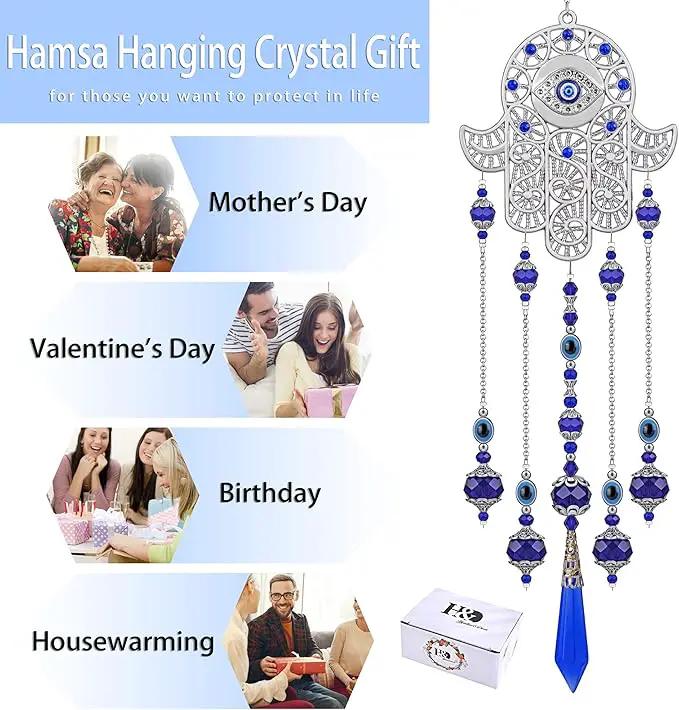 Crystal Prism Suncatcher Ornament with Hamsa Fatima Hand Protection Charm Turkish Greek Blue Evil Eye Sapphire Crystals Beads for Window Hanging Decoration by GreenHaven Gardens
