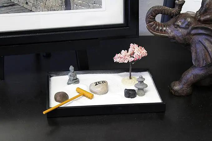 Nature's Mark Mini Zen Garden Kit for Desk with Rake, White Sand, Buddha, Lantern, Black Rectangle Base, River Rocks and Mini Blossom Tree (8Lx5W C) by GreenHaven Gardens