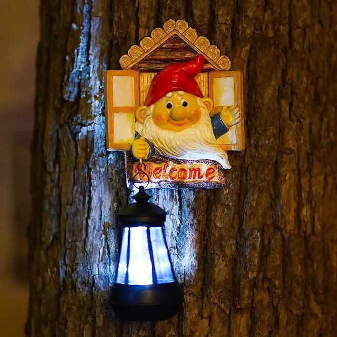 Gnome Tree Hugger with Solar Lantern - 10.6 Inch Resin Gnome Statue for Outdoor Garden Decor, Ideal Gnome Gifts and Gnome Statue Outdoor for Gnome Lovers by GreenHaven Gardens