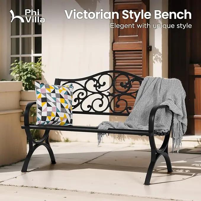 PHI VILLA 50-Inch Cast Iron Steel Frame Garden Bench Outdoor Patio Bench Chair w/Floral Design Backrest, Slatted Seat for Park, Yard & Porch, Black by GreenHaven Gardens