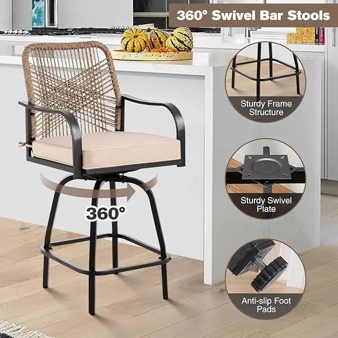 Outdoor Bar Stools Set of 2, Patio Swivel Counter Height Rattan Bar Stools, Patio Wicker Bar Swivel Chairs with Cushion, Outdoor Pool Bar Chairs for Backyard Garden Balcony w /360 Rotation by GreenHaven Gardens
