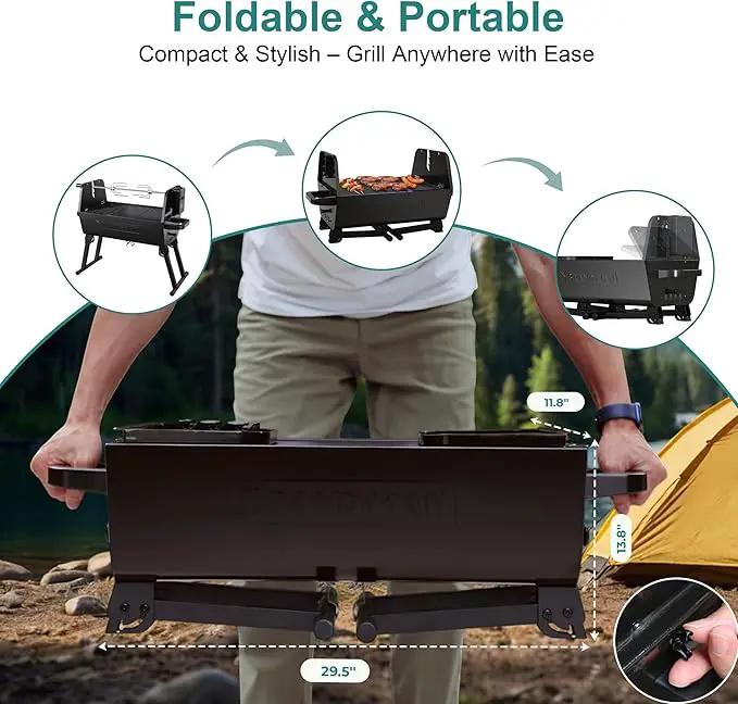 Brand‑Man 2‑in‑1 Charcoal BBQ Grill with Motorized Rotisserie – Portable, Foldable Grill, 257 sq in Outdoor BBQ Grill for Camping & Tailgate, Adjustable Height, Dual Vents by GreenHaven Gardens