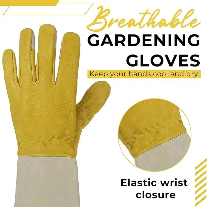 HANDLANDY Rose Pruning Gardening Gloves for Men Women, Thorn Proof Forearm Protection Leather Garden Gloves, Gardening Gifts for Gardeners (Yellow- Goatskin, X-Large (Pack of 1)) by GreenHaven Gardens