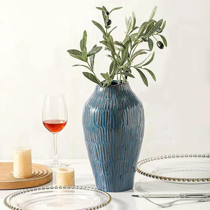 Blue Ceramic Vase for Home Decor,11.6 Inch Flower Vase，Decorative Vases for Pampas Grass，Modern Art Texture Vases for Home Entryway Living Room Dining Table Farmhouse Office Decor-Blue by GreenHaven Gardens