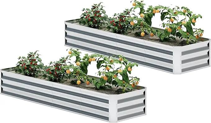 EKX 2pcs 8x2x1FT Galvanized Raised Garden Bed, Raised Garden Bed Kit-Metal Planter Box Outdoor,Planting for Vegetables, Fruits,Herbs, Flowers-Slive by GreenHaven Gardens