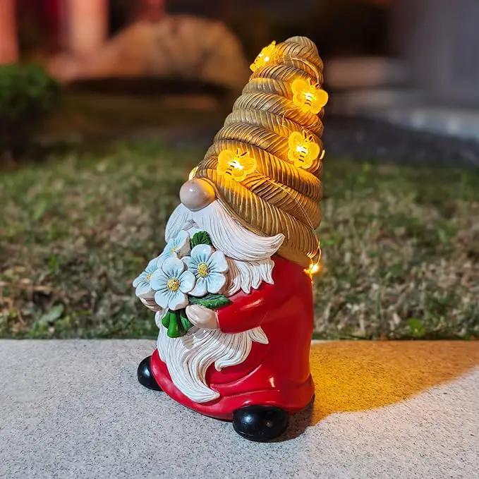 Outdoor Garden Gnomes Statue, Bee Flower Gnome Sculpture, with Solar LED Lights for Yard, Patio, Lawn Ornaments for Garden, Patio Gnome Gifts for Mom by GreenHaven Gardens