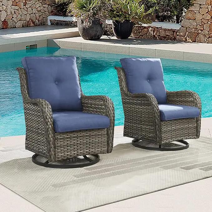 Outdoor Patio Swivel Rocker Chairs - Single Wicker Rattan Patio Swivel Rocking Chair with High Back,Deep Seating and Comfort Cushions for Deck Porch Garden,Mixed Grey/Blue by GreenHaven Gardens