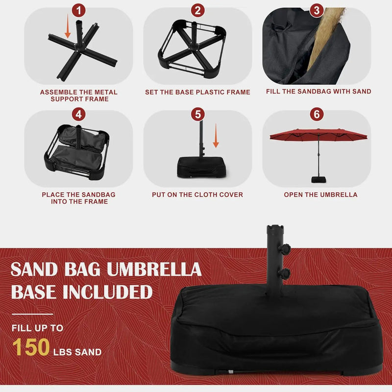 Sundale Outdoor Solar 144 LED 15 ft Patio Umbrella with Sandbag Base Included and Cover, Outdoor Double-Sided Umbrella, Red by GreenHaven Gardens