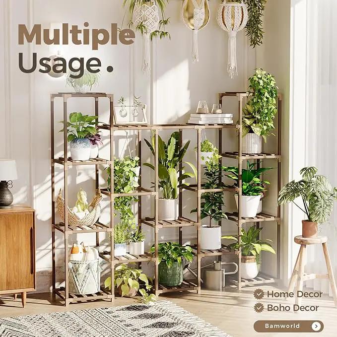 Bamworld Large Hanging Plant Stand Indoor Tall Plant Shelf Outdoor 14 Pots Large Plant Rack for Living Room Patio, Balcony and Garden by GreenHaven Gardens