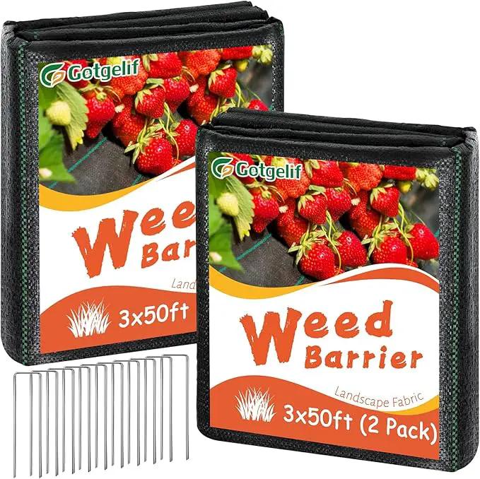 3ft x 100ft Weed Barrier Landscape Fabric, 3.2oz Heavy Duty Woven Geotextile with 20 U-Shaped Pegs & Pre-Printed Cutting Lines, Ground Cover Colth Garden Bed Liner for Landscape, Driveway, Greenhouse by GreenHaven Gardens