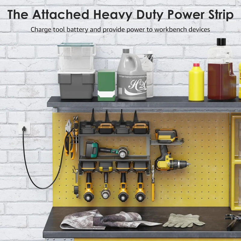 CCCEI Modular Power Tool Organizer Wall Mount Charging Station, Grey 6 Drills Holder with 8 Plug Power Strip 6FT, Garage Drill Battery Heavy Duty Metal Shelf, Utility Rack with Hooks, Side Storage. by GreenHaven Gardens
