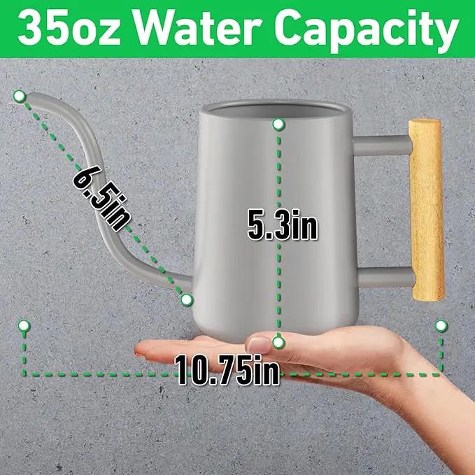 35 oz Metal Small Indoor Watering Can with Long Spout & Real Wood Handle for House Plants, Succulents, Cacti & Seedlings - Gray Long Spout Watering Can Indoor Plants - Stylish, Gentle Flow, No Spills by GreenHaven Gardens
