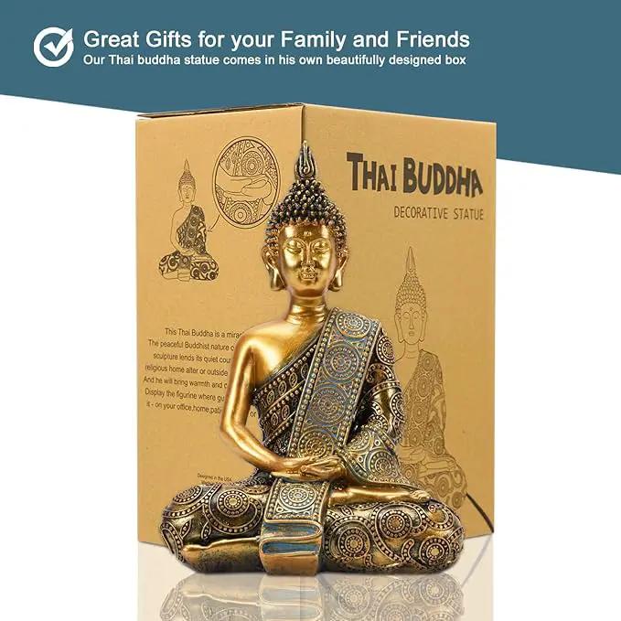 Nacome Meditating Seated Thai Buddha Statue Praying Collectibles Figurines,Zen Garden Buddha Sculpture-Indoor/Outdoor Decor for Home,Porch Yard Art Decoration,polyresin,Gold Buddah,Gift by GreenHaven Gardens