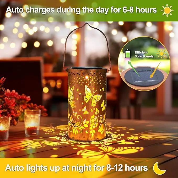 2 Pack Butterfly Solar Lanterns Outdoor Hanging Lantern Lights, Butterfly Hollowed-Out Metal Decor Lantern, Waterproof LED Decorative Garden Light - Delicate Garden Decoration by GreenHaven Gardens
