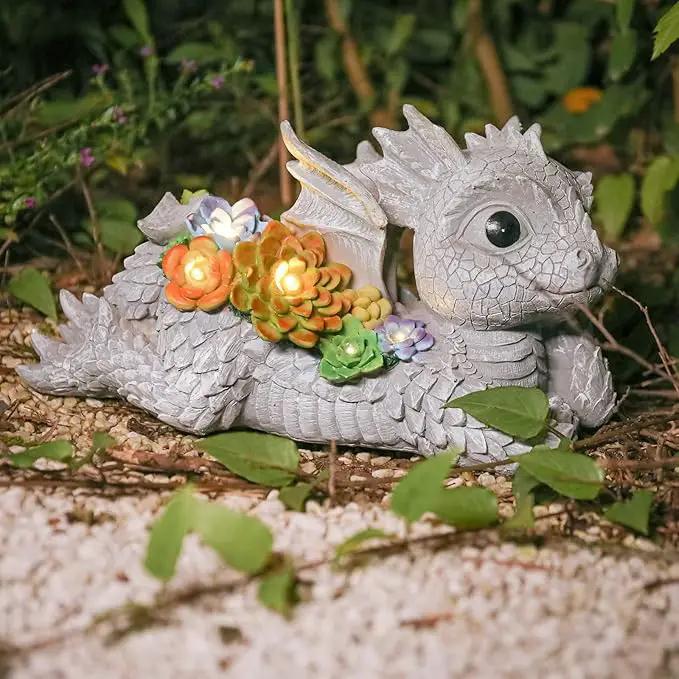 Garden Dragon Statue Outdoor Decor, Dragon Garden Sculpture Waterproof Solar LED Lights Resin Succulent Decorations for Outside Lawn Patio Patio Yard Ornament Gifts by GreenHaven Gardens