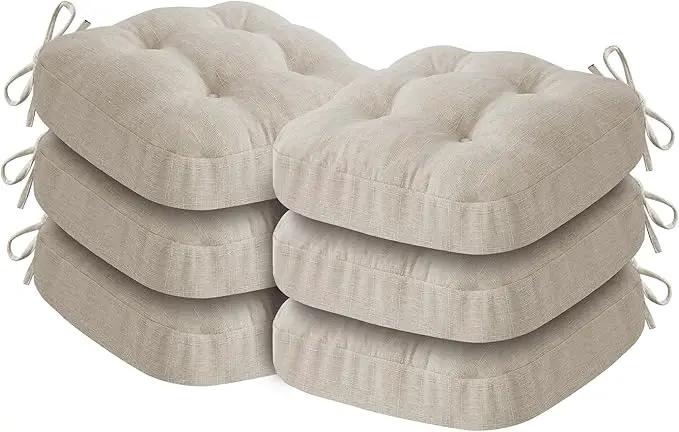 Chair Cushions, Foam Dining Chair Cushions, Tufted Indoor Chair Pads, Set of 6, Beige, 16.5” x 16.5” x 3.5” by GreenHaven Gardens