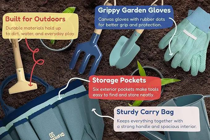 Gardening Set, Tool Kit, for Kids, STEM, Includes Tote Bag, Spade, Watering Can, Rake, Fork, Trowel and Gloves (Ocean Blue) by GreenHaven Gardens