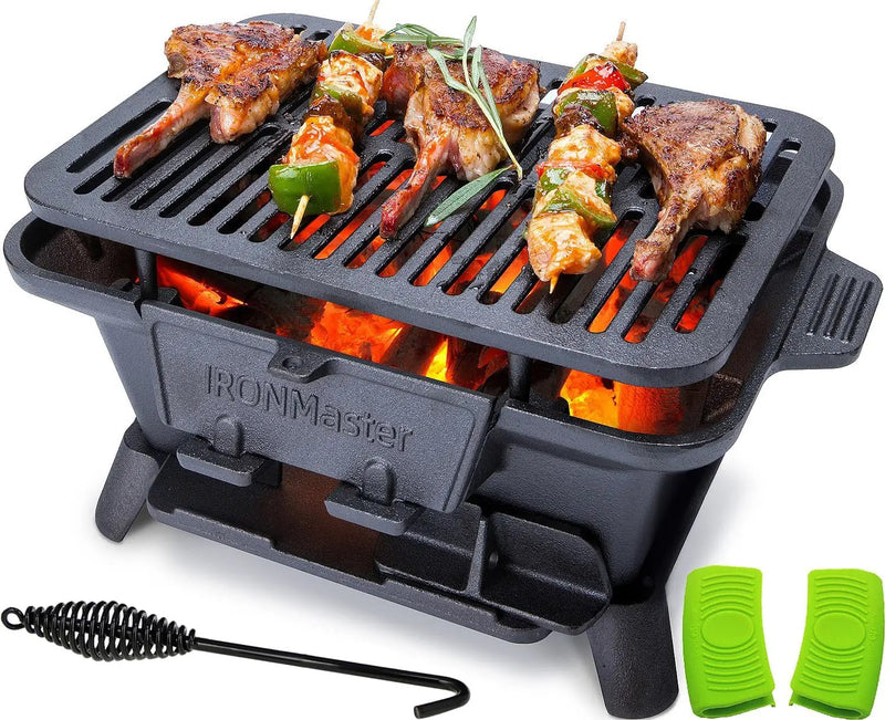 IronMaster Hibachi Grill Outdoor, Small Portable Charcoal Grill, Pre-Seasoned Cast Iron, Japanese Yakitori Camping Grill - 2 Heights, Air Control, Coal Door by GreenHaven Gardens