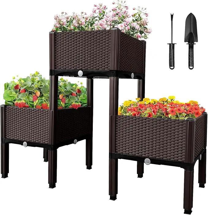 MAYOLIAH Raised Garden Bed with Drainage Elevated Planter Box Plastic Raised Beds for Gardening Vegetables Herb Flowers, Perfect for Indoor Outdoor Planting, 3 Boxes Brown by GreenHaven Gardens