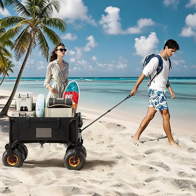 DXZ Beach Wagon Cart with Big Wheels for Sand – Folding Collapsible Wagon, Heavy Duty Wagons Carts Foldable for Beach, Camping, Outdoor Gear, Easy Setup Black Yellow by GreenHaven Gardens