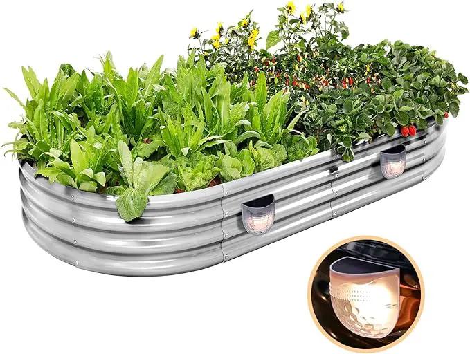 Land Guard Galvanized Raised Garden Beds Outdoor with 2 Magnetic Solar-Powered Lights(Grey), Metal Planter Raised Beds, 4×2×1Ft Metal Raised Garden Beds for Gardening, Vegetables, Flowers by GreenHaven Gardens